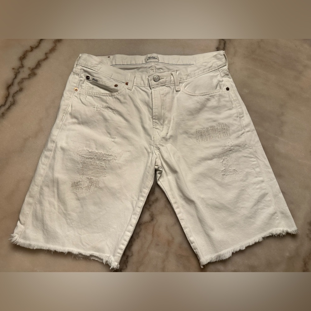 Ralph Lauren White Denim Distressed Shorts with Contrast Stitching